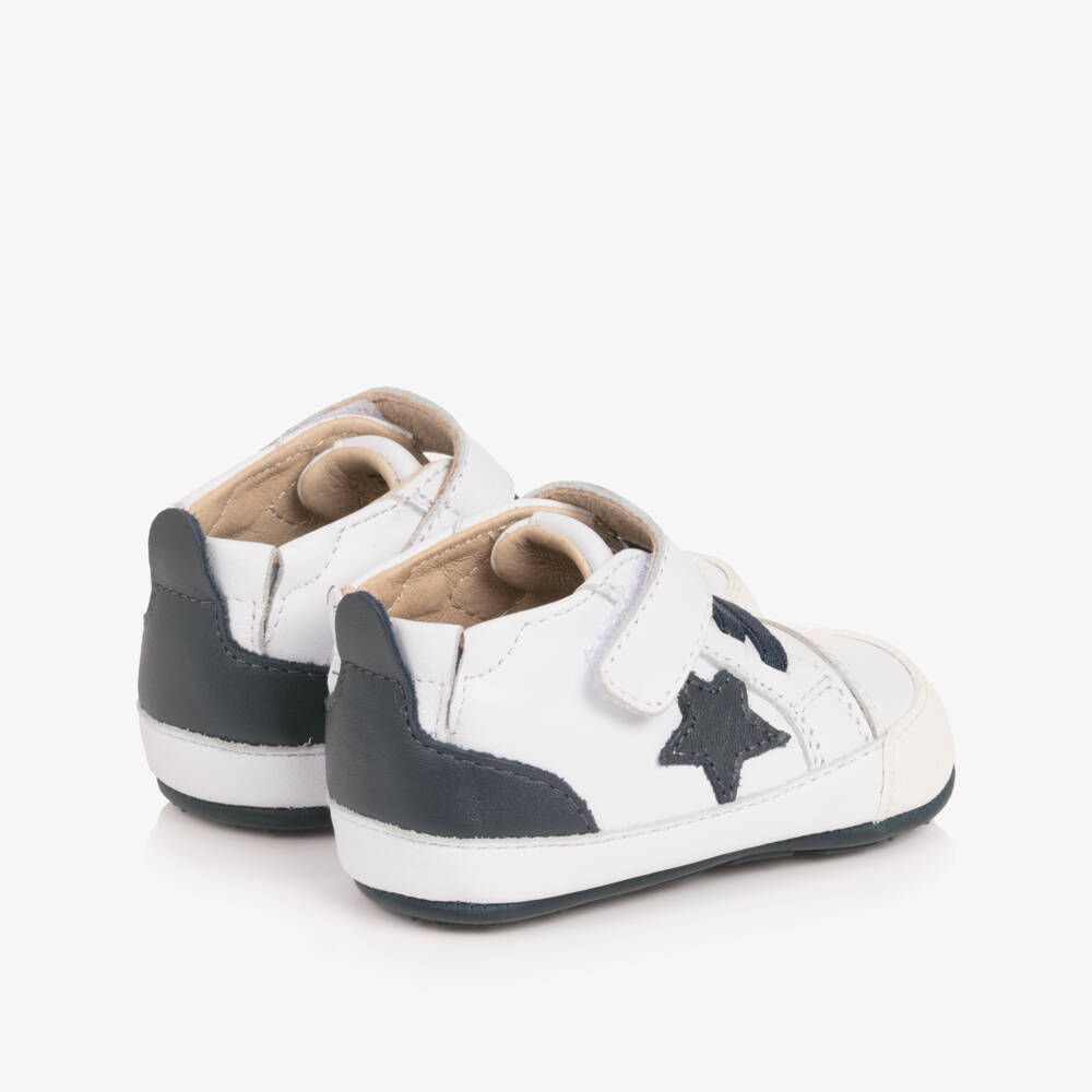 Old Soles-White & Navy Blue Leather Pre-Walker Trainers | Childrensalon