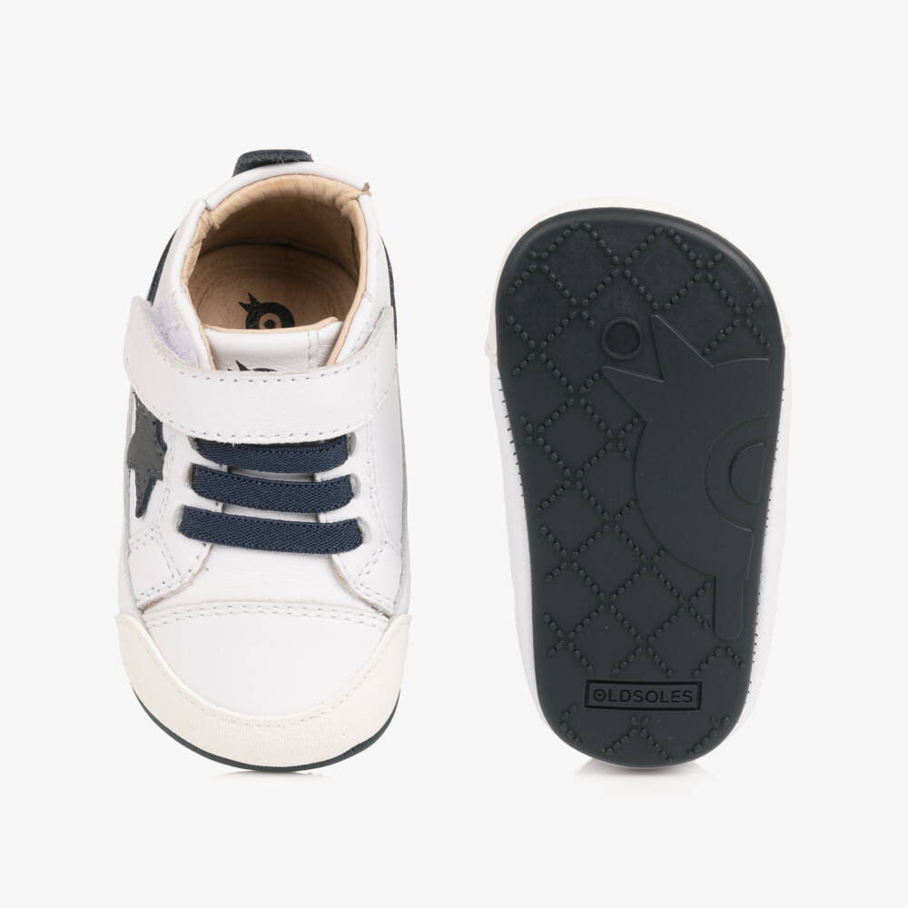 Old Soles-White & Navy Blue Leather Pre-Walker Trainers | Childrensalon