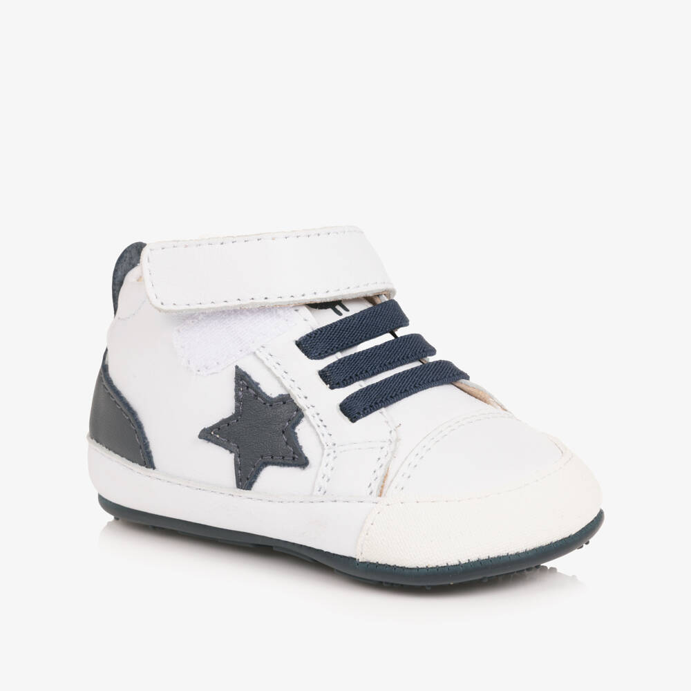 Old Soles-White & Navy Blue Leather Pre-Walker Trainers | Childrensalon
