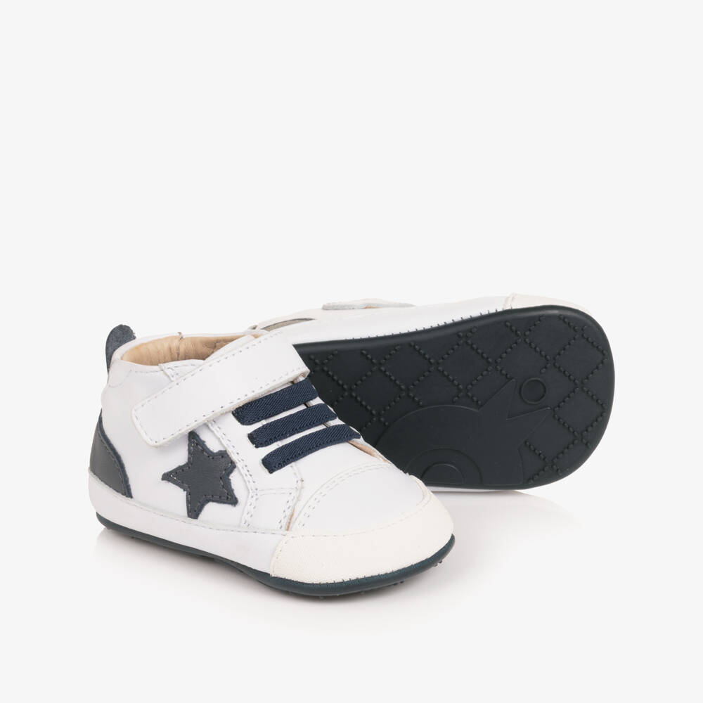 Old Soles-White & Navy Blue Leather Pre-Walker Trainers | Childrensalon
