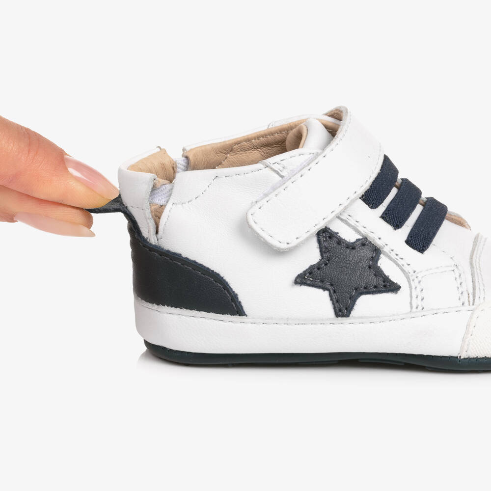 Old Soles-White & Navy Blue Leather Pre-Walker Trainers | Childrensalon