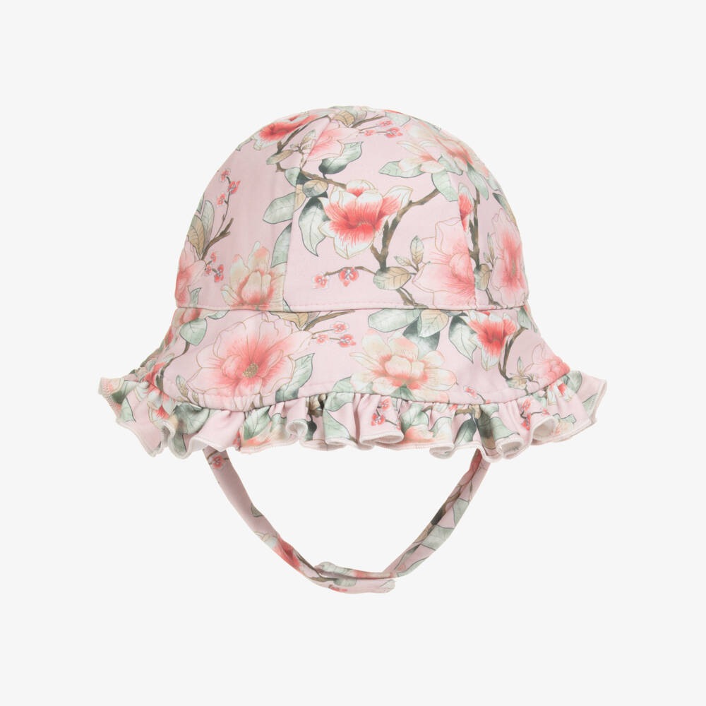 Olga Valentine-Baby Girls Pink Floral Print Ruffle Sun Hat | Childrensalon