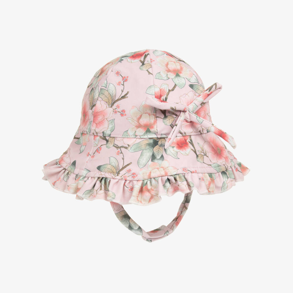 Olga Valentine-Baby Girls Pink Floral Print Ruffle Sun Hat | Childrensalon