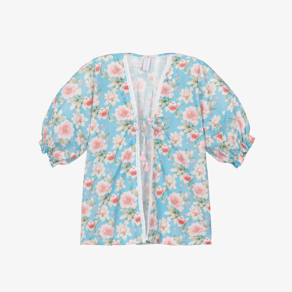 Olga Valentine-Girls Blue Floral Print Cotton Kaftan | Childrensalon
