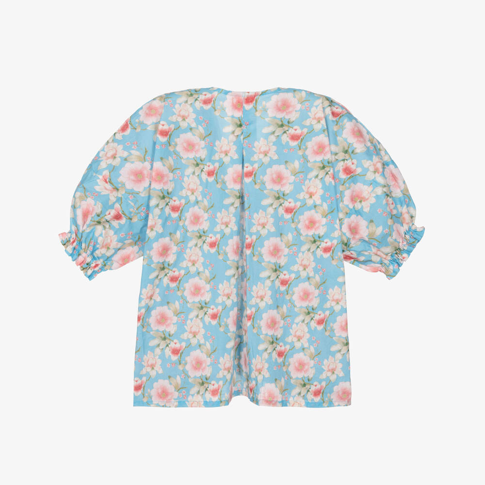 Olga Valentine-Girls Blue Floral Print Cotton Kaftan | Childrensalon