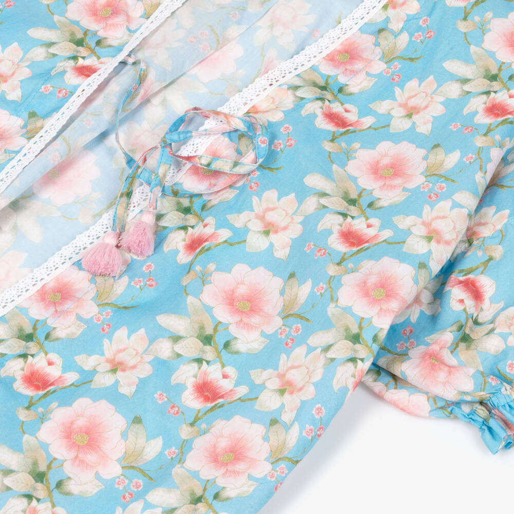 Olga Valentine-Girls Blue Floral Print Cotton Kaftan | Childrensalon