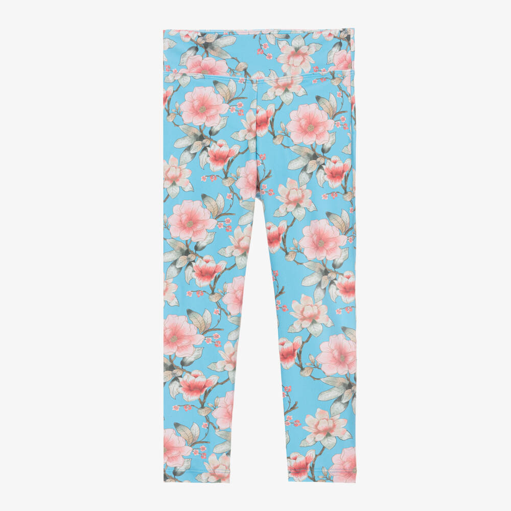 Olga Valentine-Girls Blue Floral Print Swim Leggings (UPF50+) | Childrensalon
