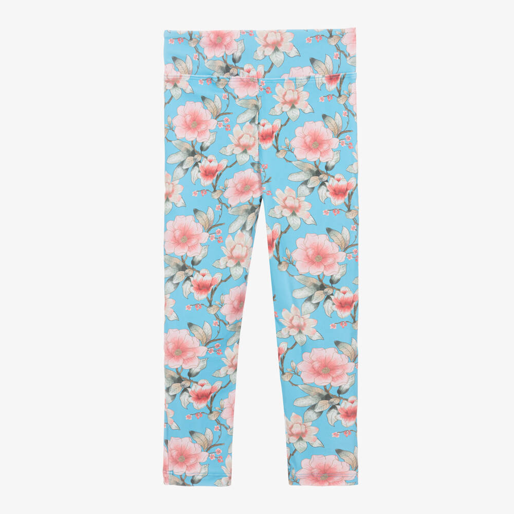 Olga Valentine-Girls Blue Floral Print Swim Leggings (UPF50+) | Childrensalon