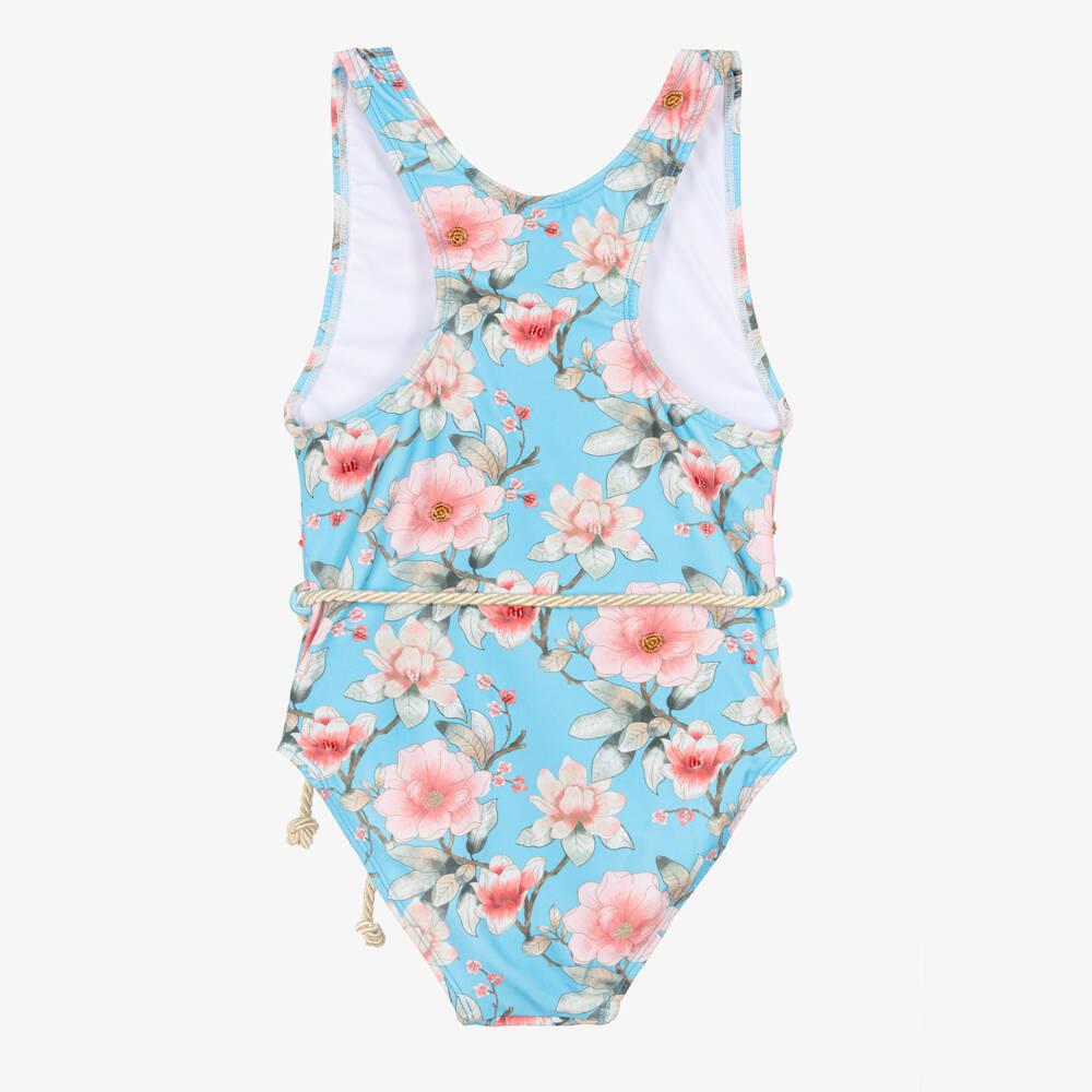 Olga Valentine-Girls Blue Floral Print Swimsuit with Rope Tie (UPF50+) | Childrensalon