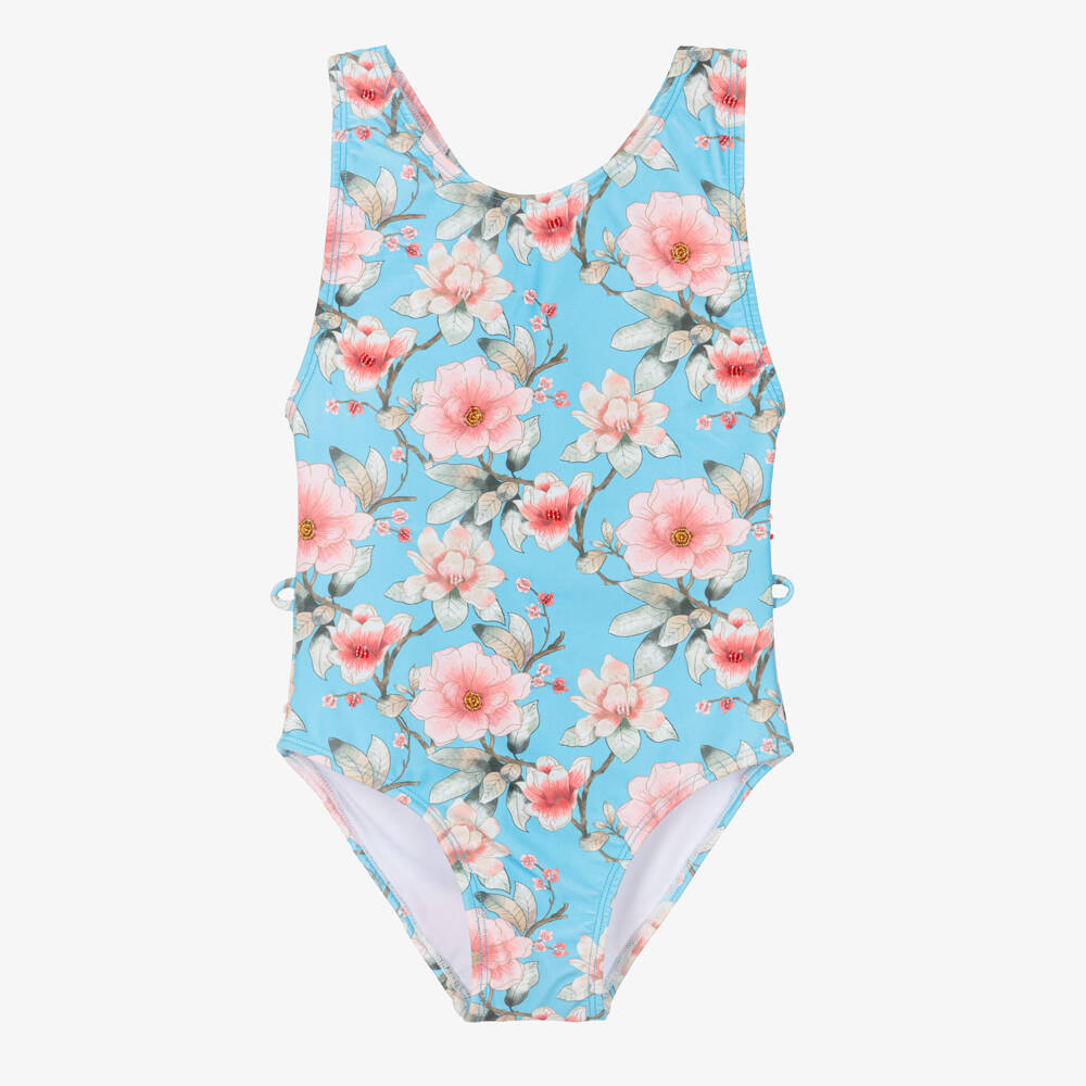 Olga Valentine-Girls Blue Floral Print Swimsuit with Rope Tie (UPF50+) | Childrensalon