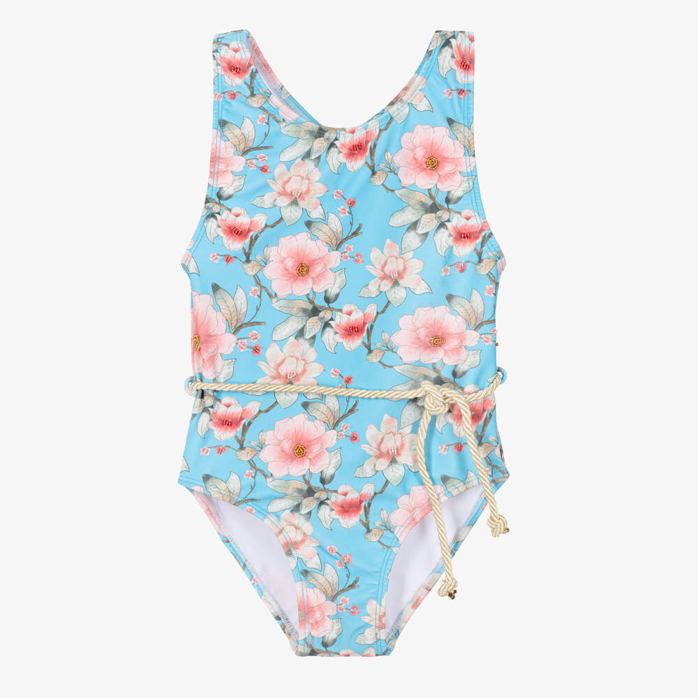 Olga Valentine-Girls Blue Floral Print Swimsuit with Rope Tie (UPF50+) | Childrensalon