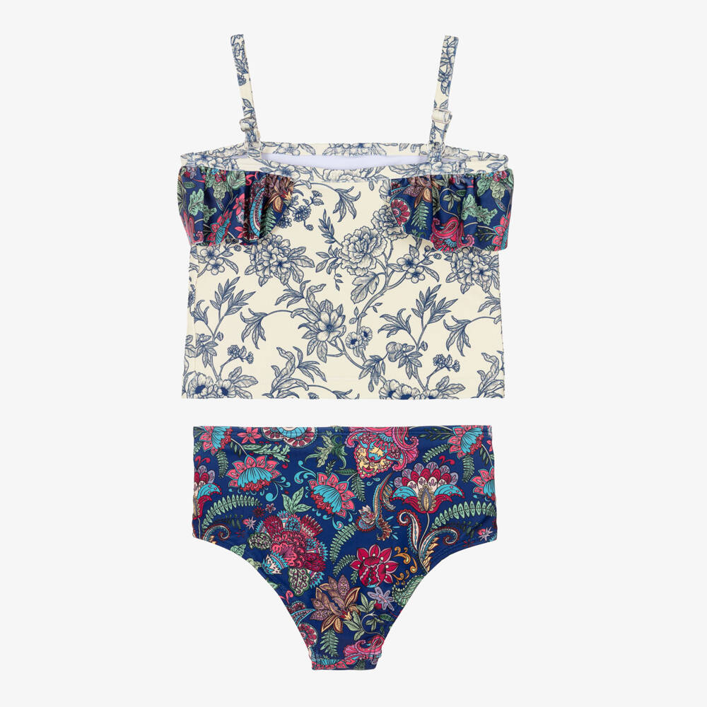 Olga Valentine-Girls Blue & Ivory Paisley Print Tankini (UPF50+) | Childrensalon