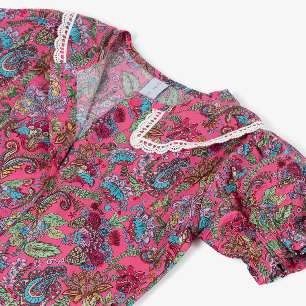 Olga Valentine-Girls Fuchsia Pink Cotton Paisley Print Blouse | Childrensalon