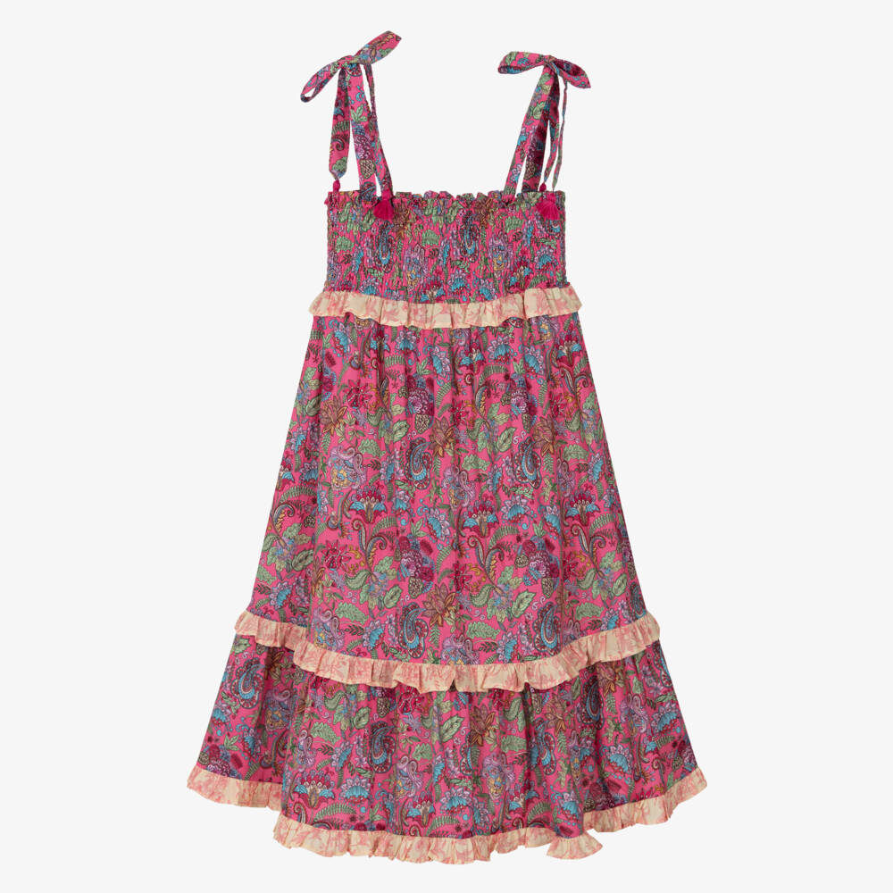 Olga Valentine-Girls Fuchsia Pink Cotton Paisley Print Dress | Childrensalon