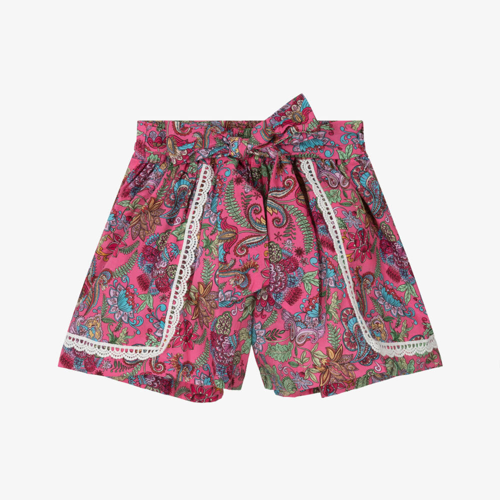 Olga Valentine-Girls Fuchsia Pink Cotton Paisley Print Shorts | Childrensalon