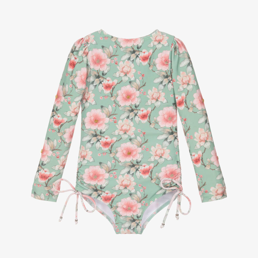 Olga Valentine-مايوه بأكمام طويلة بطبعة ورود لون أخضر للبنات (+UPF50) | Childrensalon