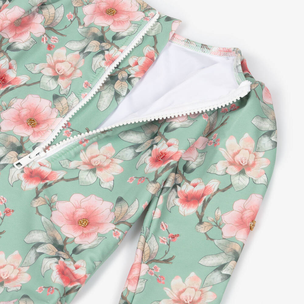 Olga Valentine-مايوه بأكمام طويلة بطبعة ورود لون أخضر للبنات (+UPF50) | Childrensalon