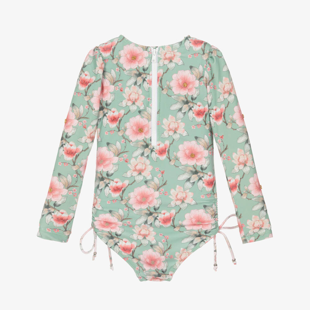 Olga Valentine-مايوه بأكمام طويلة بطبعة ورود لون أخضر للبنات (+UPF50) | Childrensalon