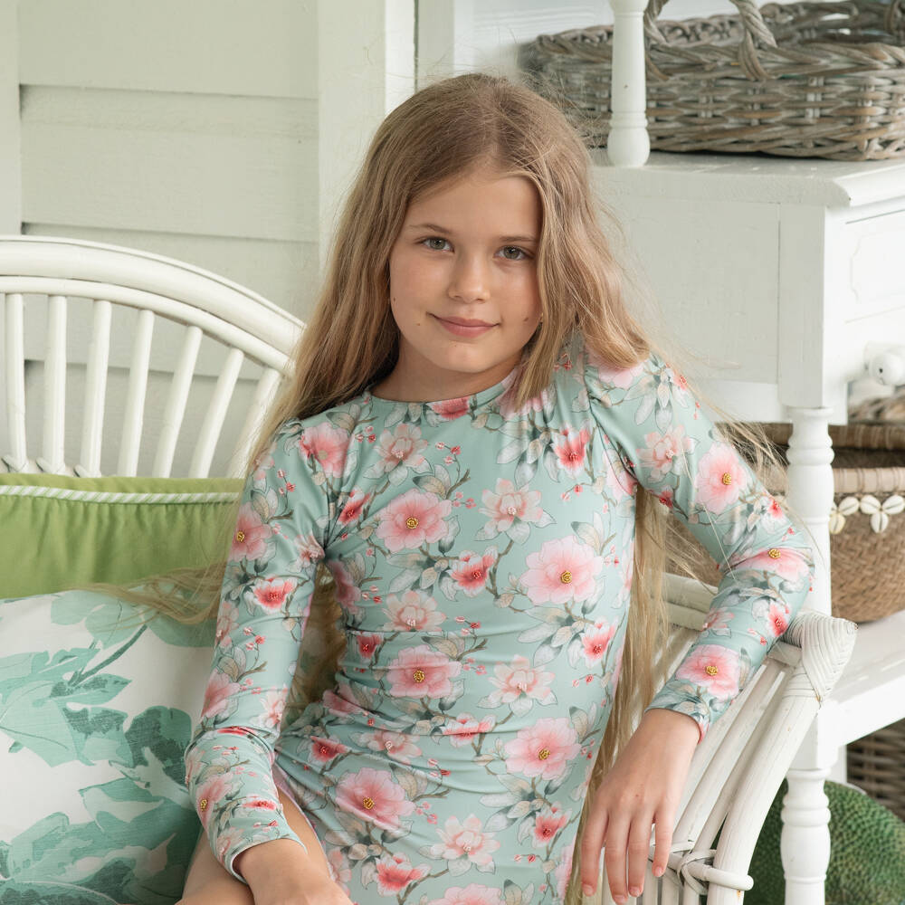 Olga Valentine-Girls Green Floral Print Long Sleeve Swimsuit (UPF50+) | Childrensalon