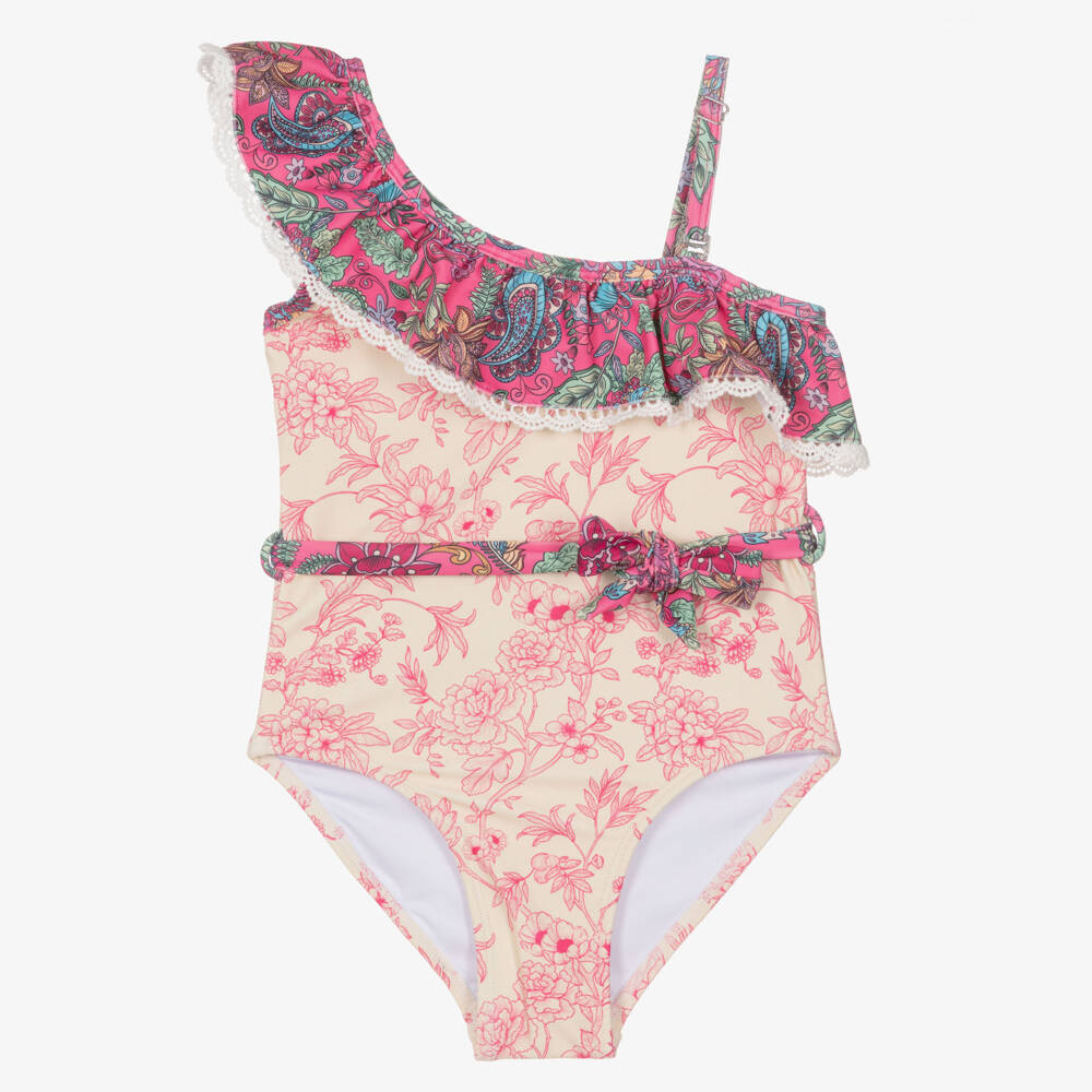 Olga Valentine-Girls Ivory & Pink Floral One-Shoulder Swimsuit (UPF50+) | Childrensalon