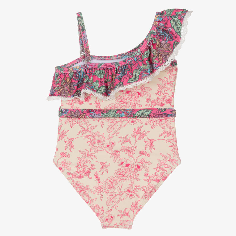Olga Valentine-Girls Ivory & Pink Floral One-Shoulder Swimsuit (UPF50+) | Childrensalon
