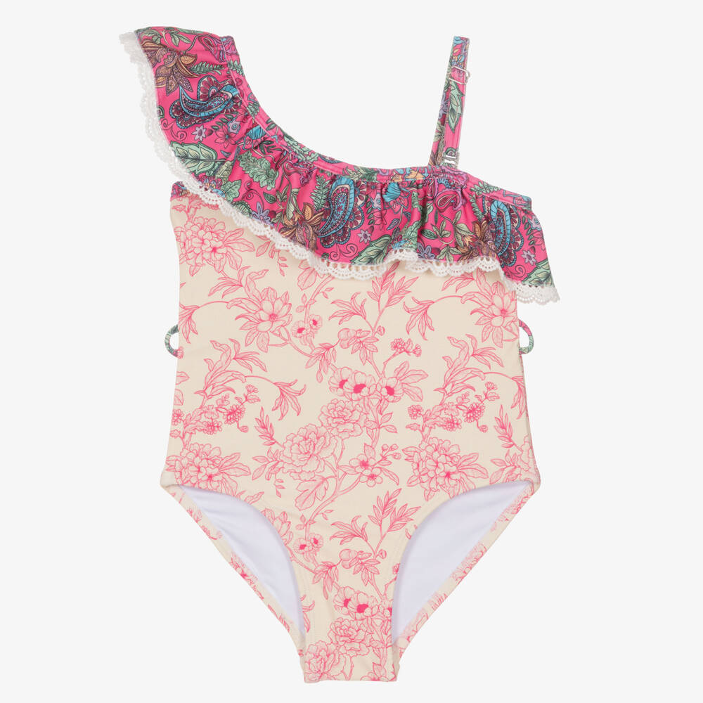 Olga Valentine-Girls Ivory & Pink Floral One-Shoulder Swimsuit (UPF50+) | Childrensalon