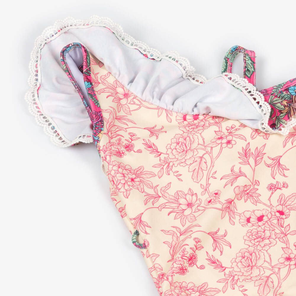Olga Valentine-Girls Ivory & Pink Floral One-Shoulder Swimsuit (UPF50+) | Childrensalon