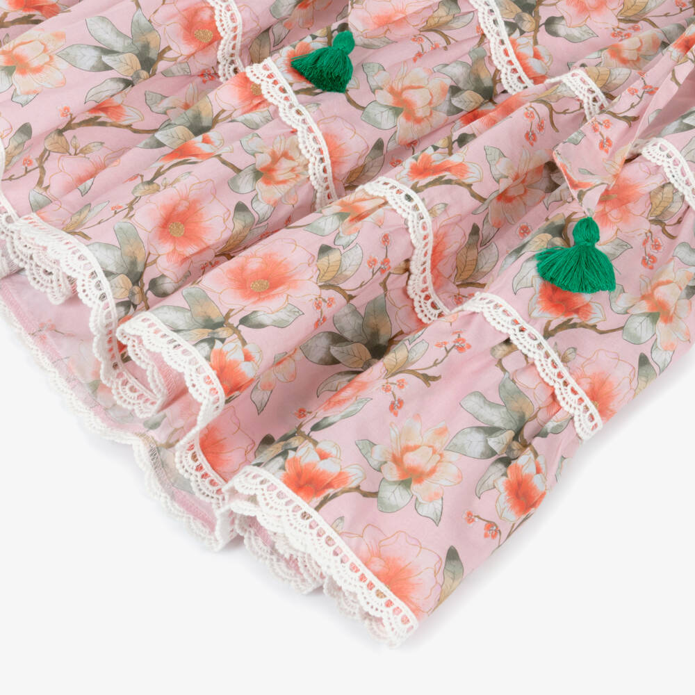 Olga Valentine-Girls Pink Cotton Floral Print Tiered Ruffle Skirt | Childrensalon