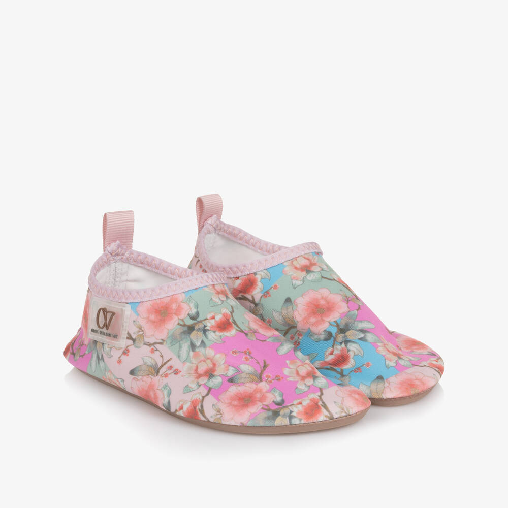 Olga Valentine-Girls Pink Floral Print Aqua Shoes | Childrensalon