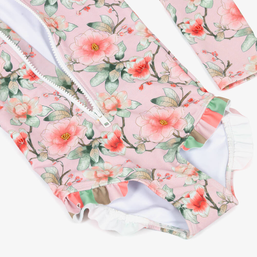 Olga Valentine-Girls Pink Floral Print Long Sleeve Swimsuit (UPF50+) | Childrensalon