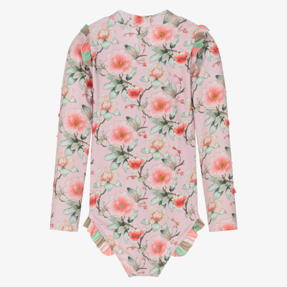 Olga Valentine-Girls Pink Floral Print Long Sleeve Swimsuit (UPF50+) | Childrensalon