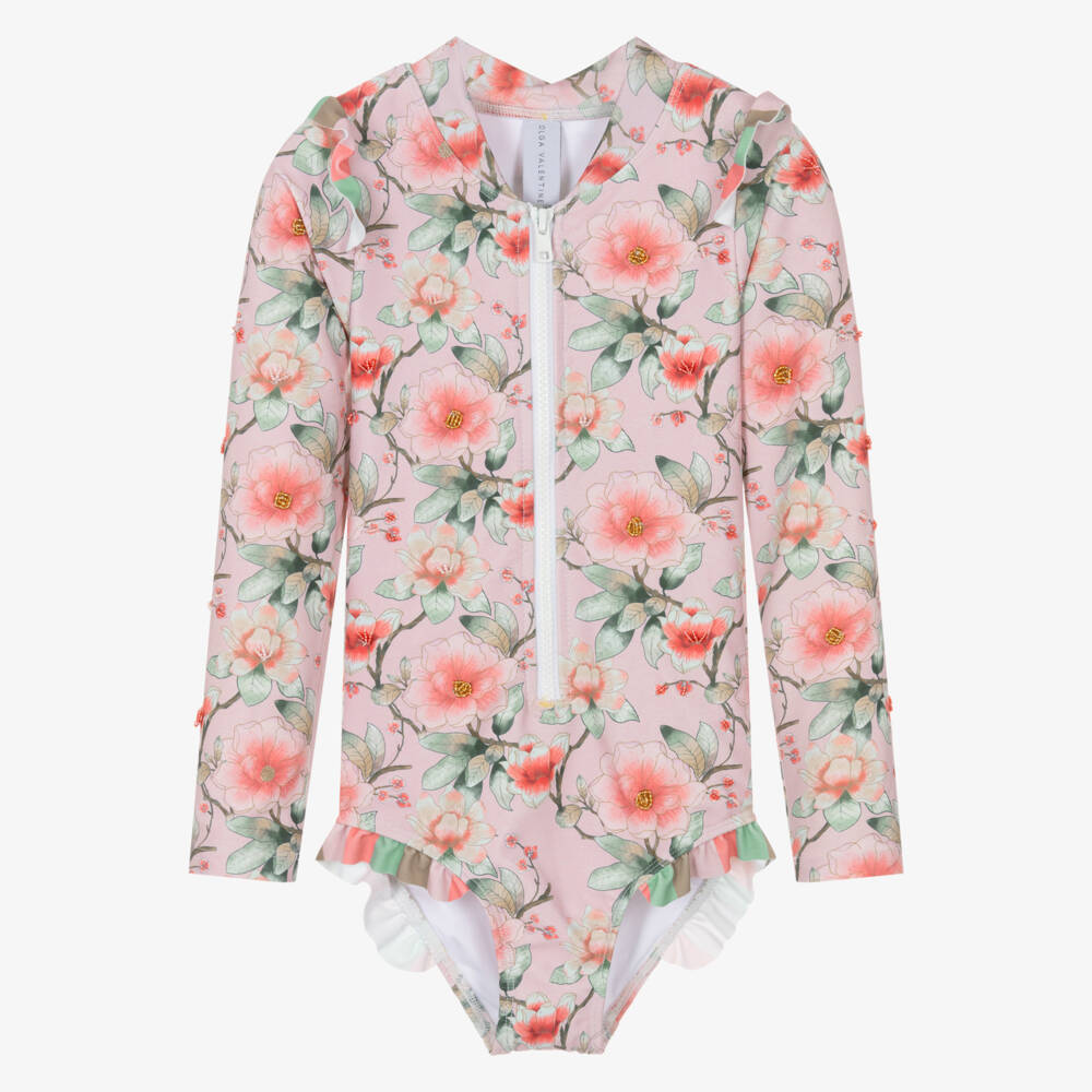 Olga Valentine-Girls Pink Floral Print Long Sleeve Swimsuit (UPF50+) | Childrensalon