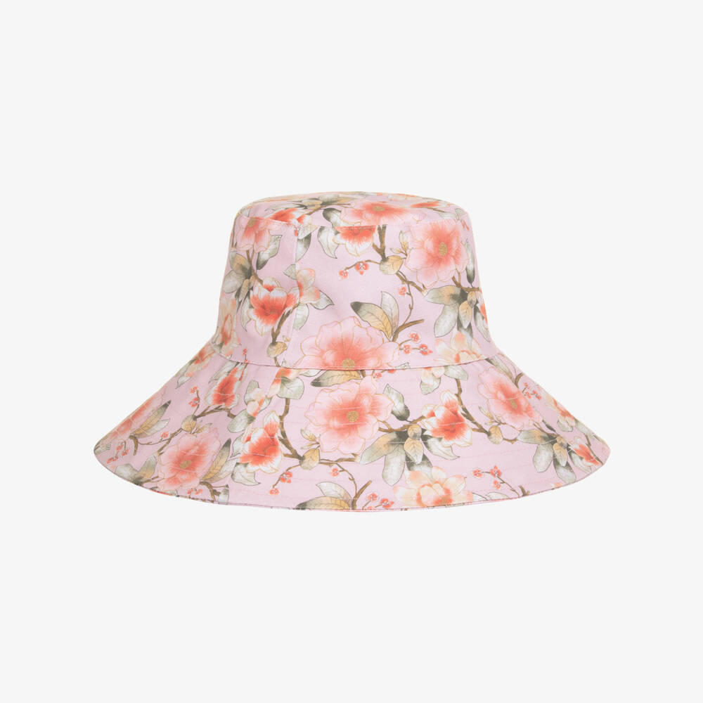 Olga Valentine-Girls Pink Floral Print Wide Brim Sun Hat | Childrensalon