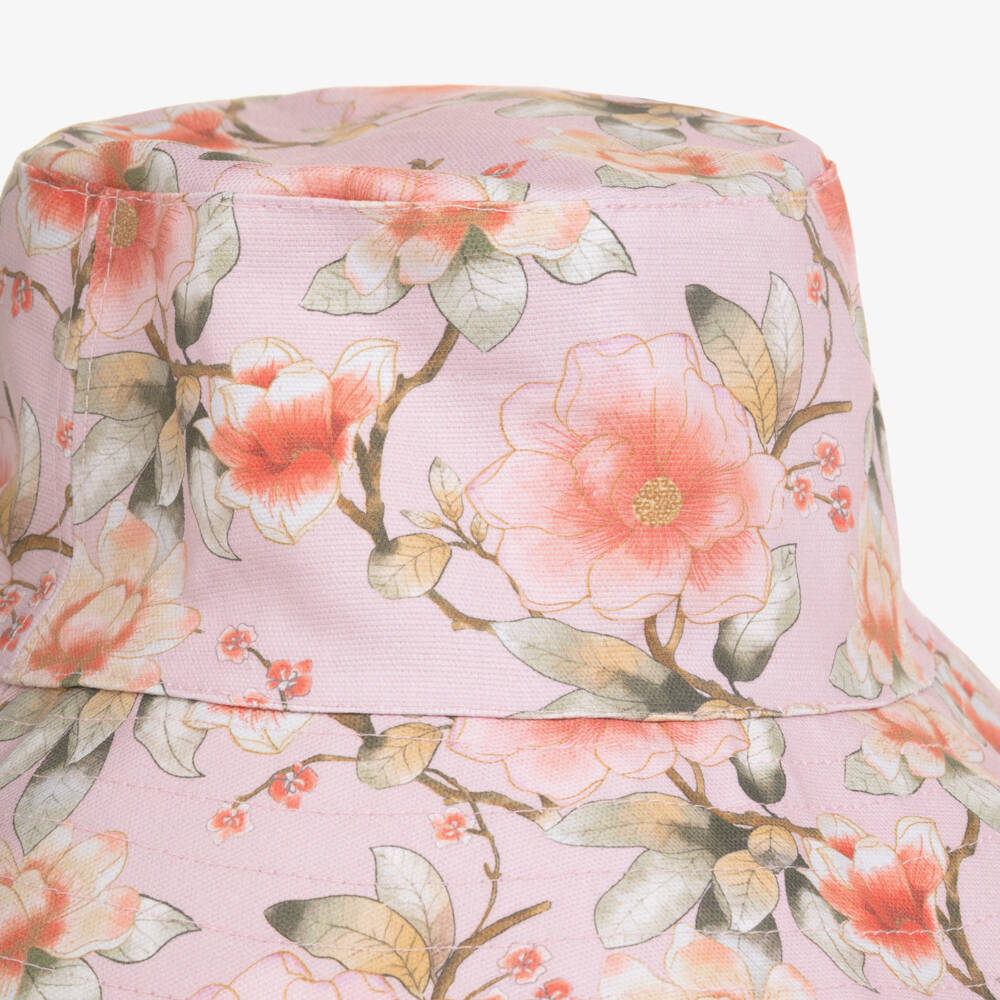 Olga Valentine-Girls Pink Floral Print Wide Brim Sun Hat | Childrensalon