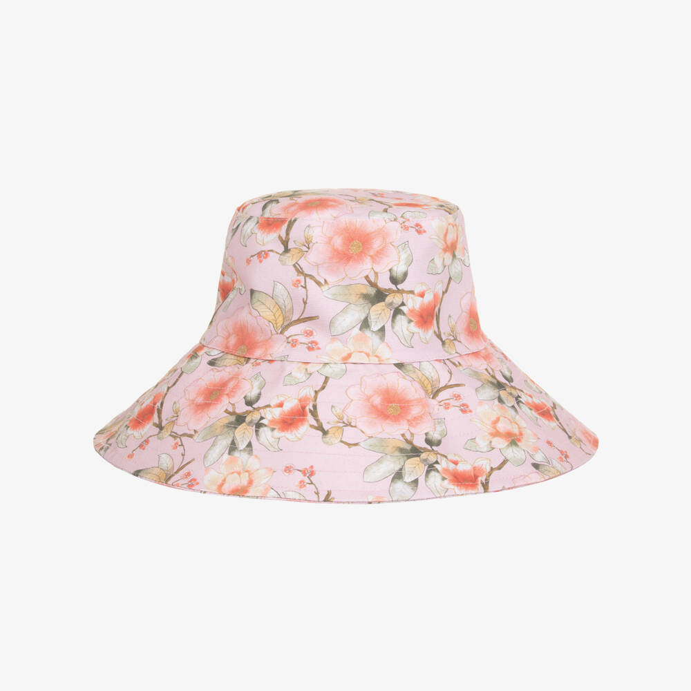 Olga Valentine-Girls Pink Floral Print Wide Brim Sun Hat | Childrensalon