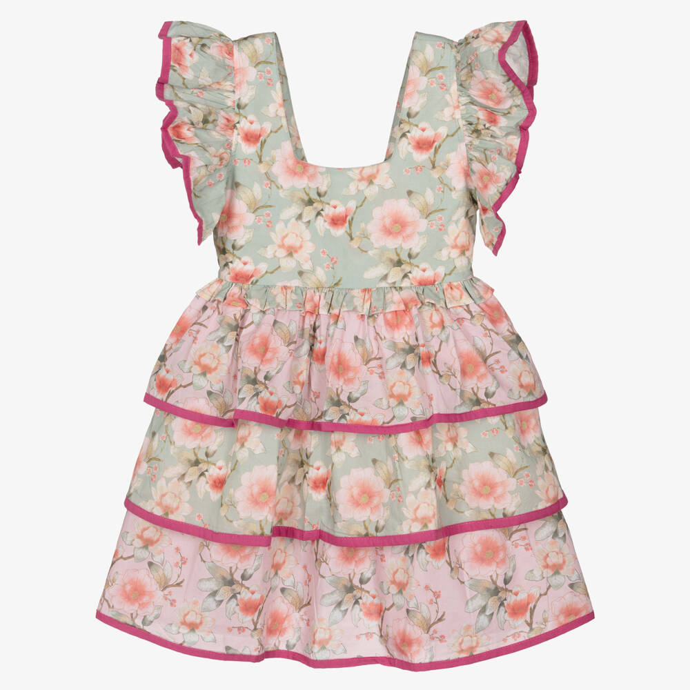 Olga Valentine-فستان بطبعة ورود وكشكش لون زهري وأخضر للبنات  | Childrensalon