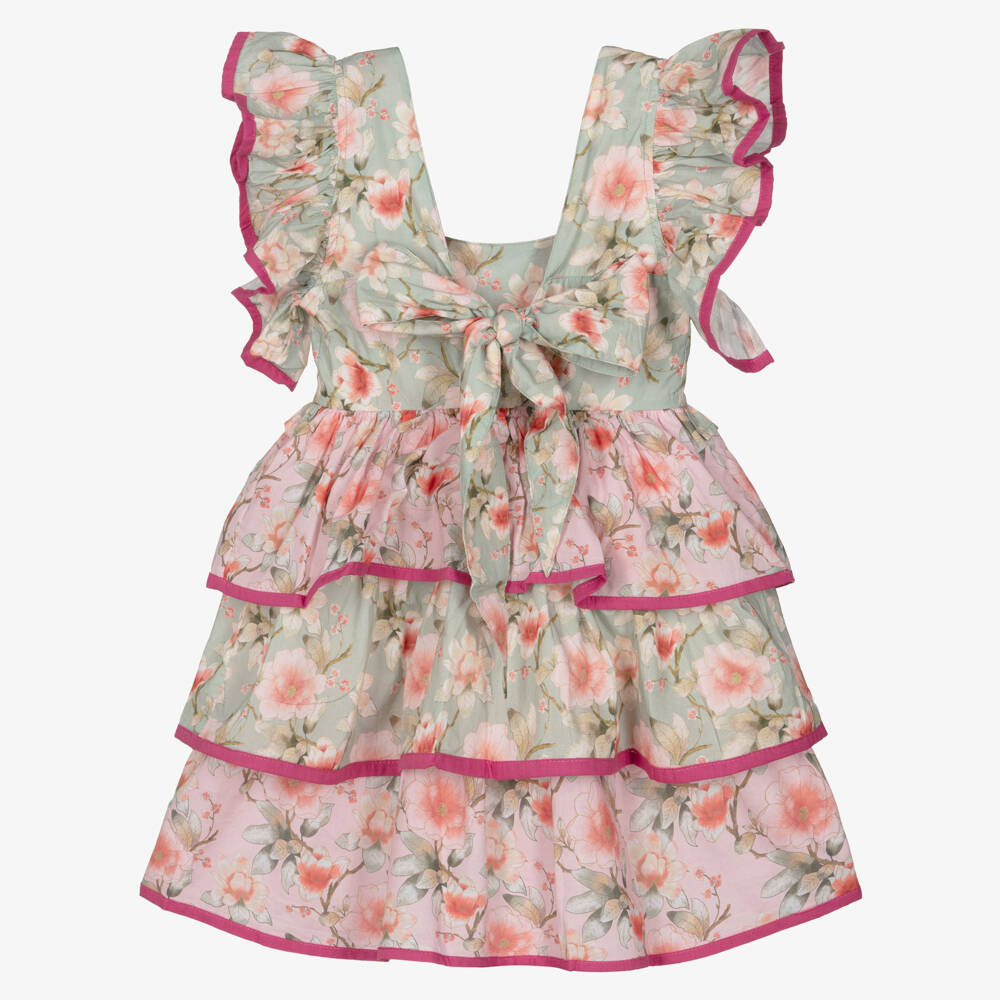 Olga Valentine-فستان بطبعة ورود وكشكش لون زهري وأخضر للبنات  | Childrensalon