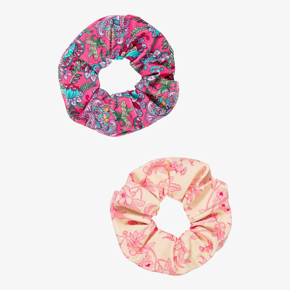 Olga Valentine-Girls Pink Paisley & Ivory Floral Hair Scrunchies (2 Pack) | Childrensalon