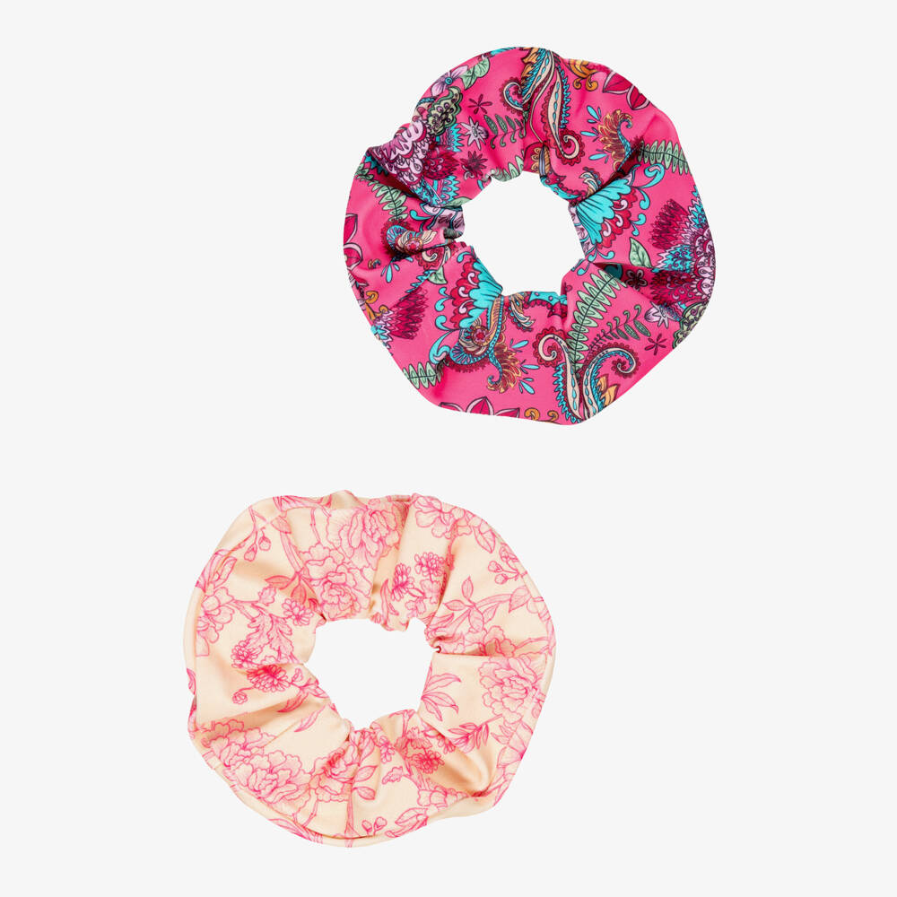 Olga Valentine-Girls Pink Paisley & Ivory Floral Hair Scrunchies (2 Pack) | Childrensalon