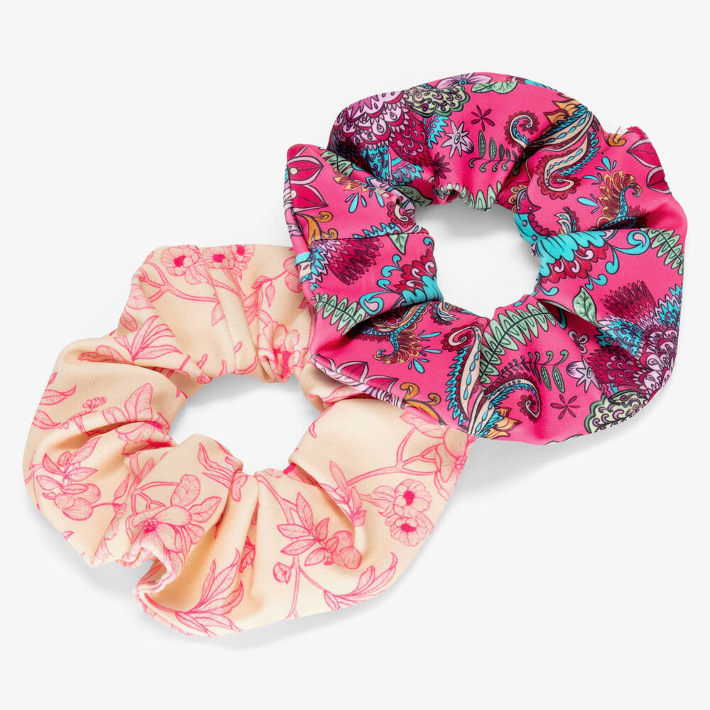 Olga Valentine-Girls Pink Paisley & Ivory Floral Hair Scrunchies (2 Pack) | Childrensalon