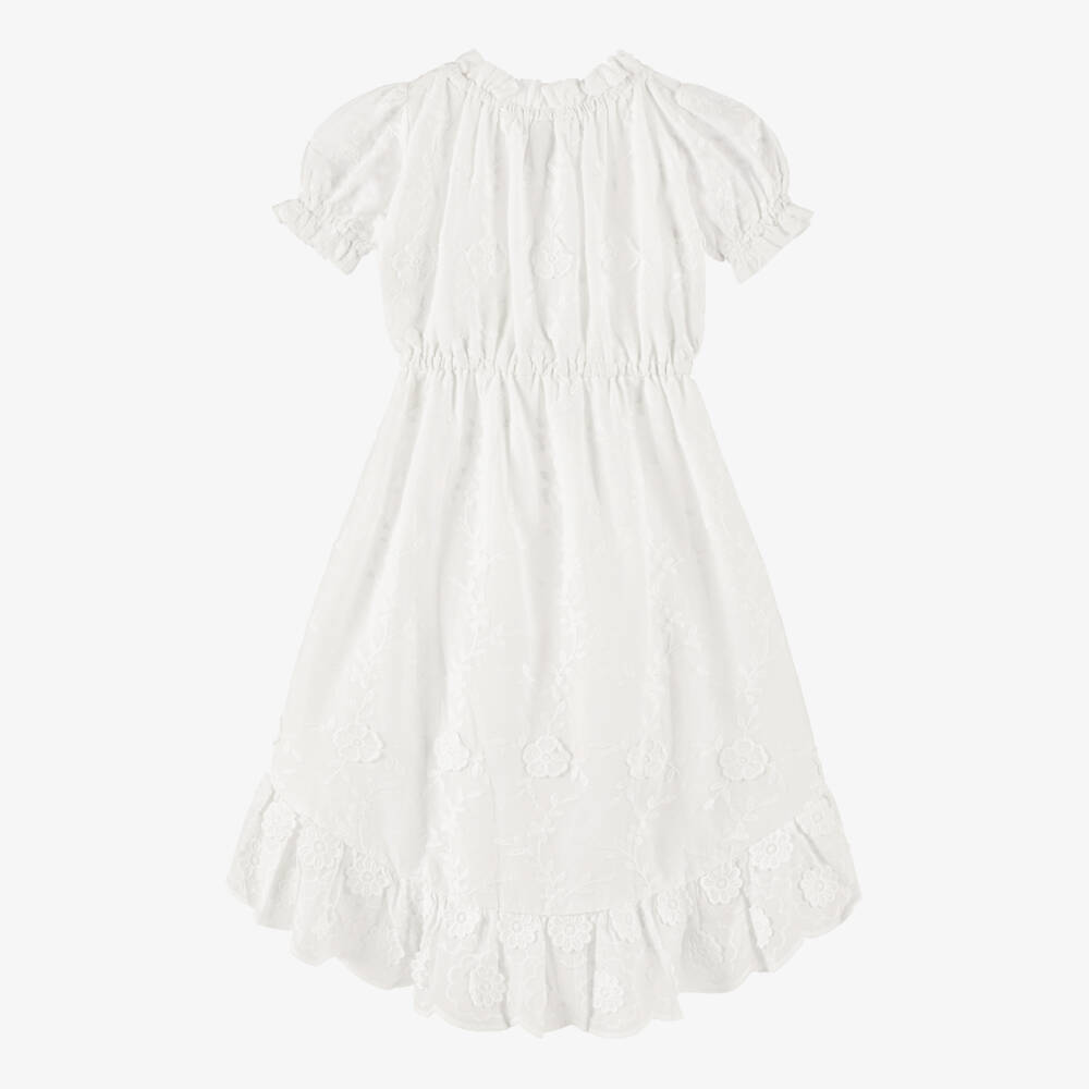 Olga Valentine-Girls White High-Low Dress with Floral Embroidery | Childrensalon