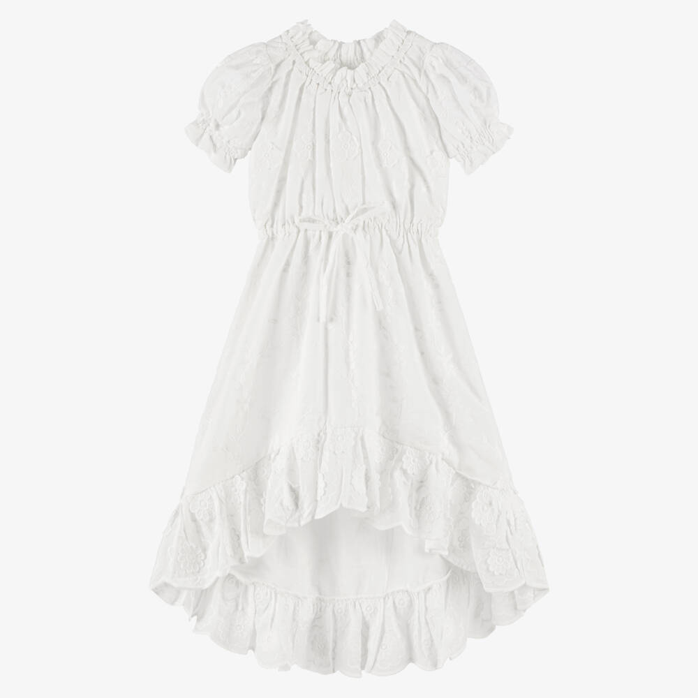 Olga Valentine-Girls White High-Low Dress with Floral Embroidery | Childrensalon