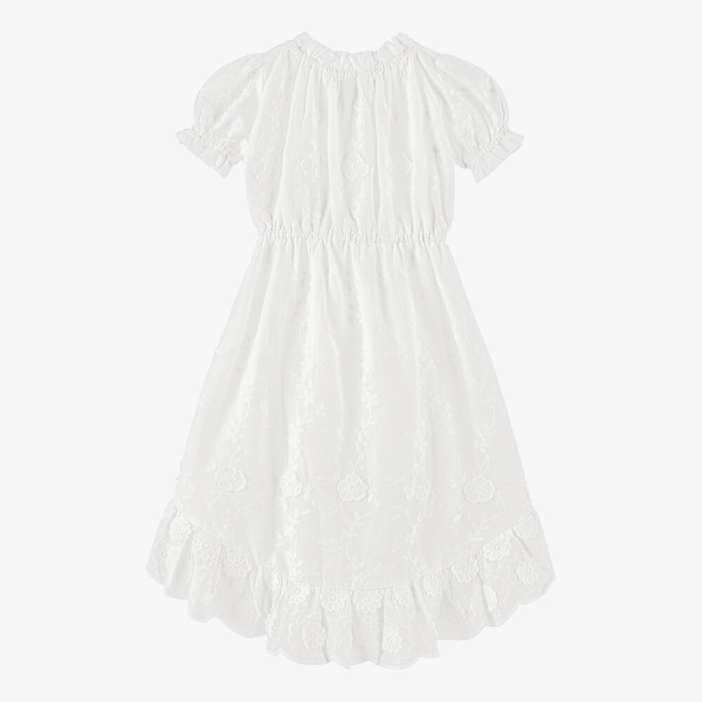 Olga Valentine-Girls White High-Low Dress with Floral Embroidery | Childrensalon