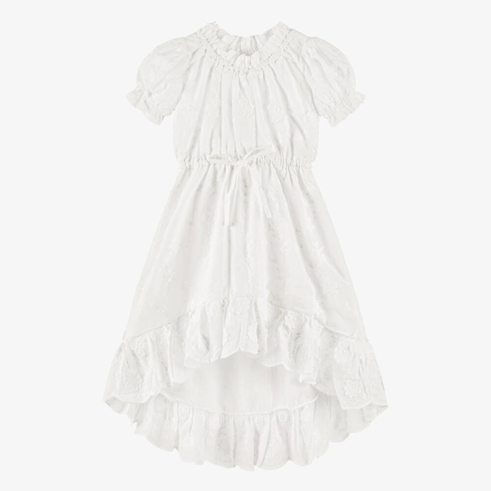 Olga Valentine-Girls White High-Low Dress with Floral Embroidery | Childrensalon