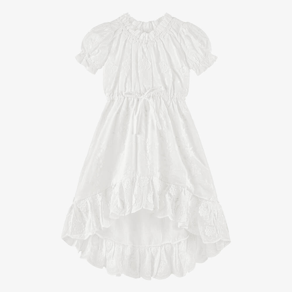 Olga Valentine-Girls White High-Low Dress with Floral Embroidery | Childrensalon