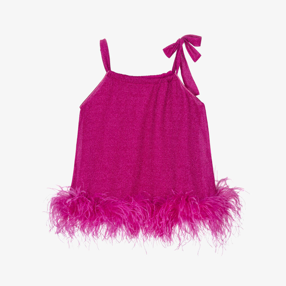 Oséree-Girls Fuchsia Pink Lumiére Feather Trim Dress | Childrensalon