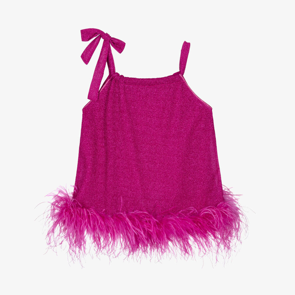 Oséree-Girls Fuchsia Pink Lumiére Feather Trim Dress | Childrensalon