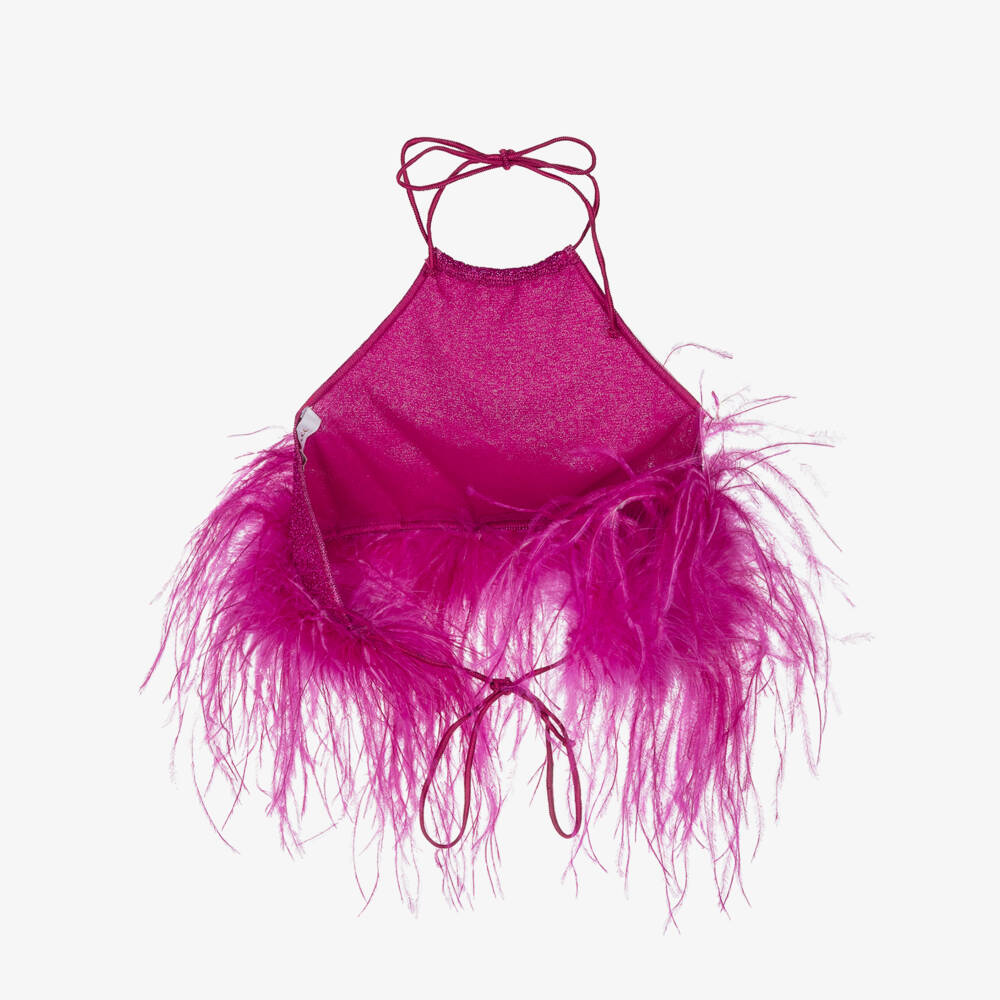 Oséree-Girls Fuchsia Pink Lumiére Feather Trim Halter Neck Top | Childrensalon