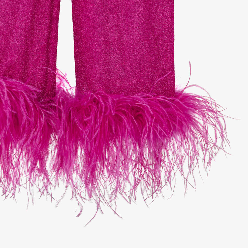 Oséree-Girls Fuchsia Pink Lumiére Feather Trim Trousers | Childrensalon