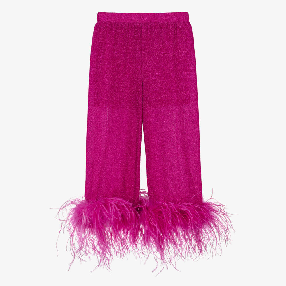 Oséree-Girls Fuchsia Pink Lumiére Feather Trim Trousers | Childrensalon